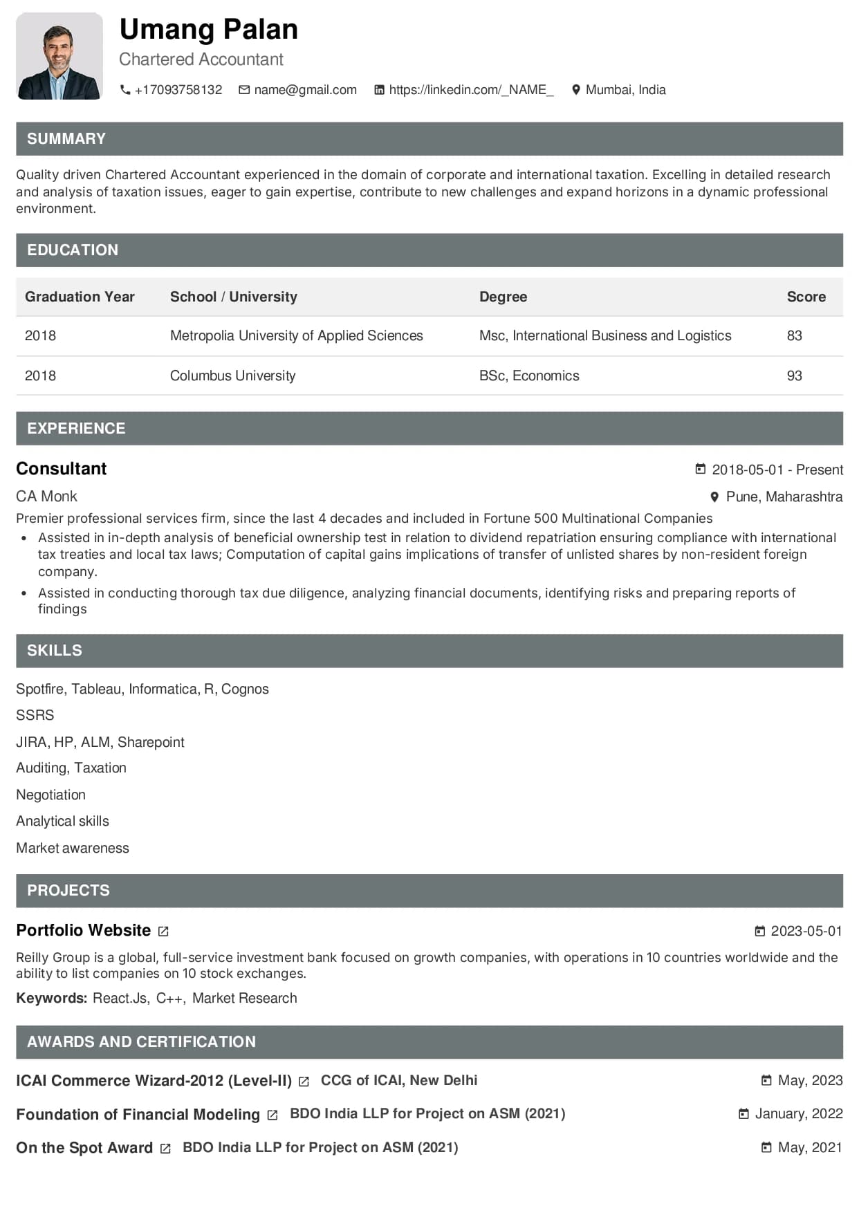 Corporate resume template