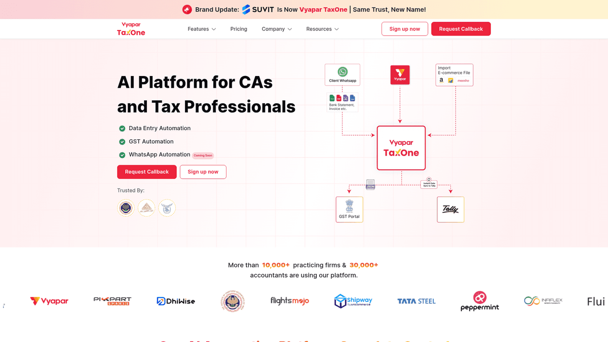 A screenshot of the Vyapar TaxOne landing page