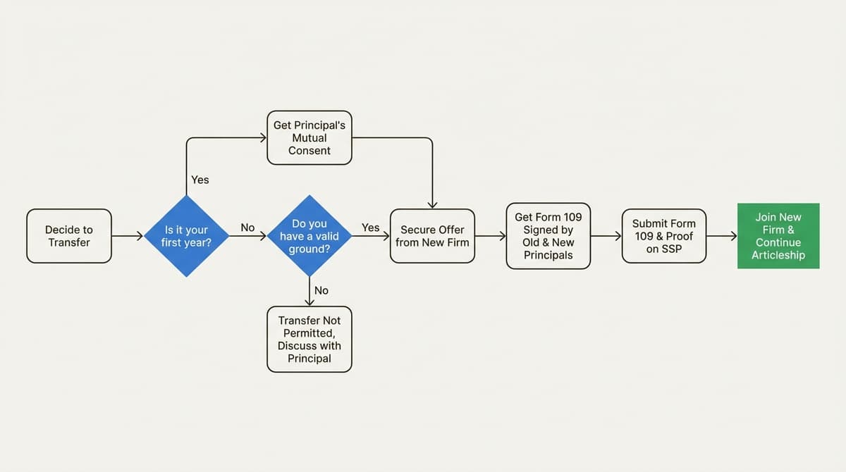 A workflow diagram outlining the steps for taking a transfer in CA articleship, from the initial decision to joining a new firm with Form 109.