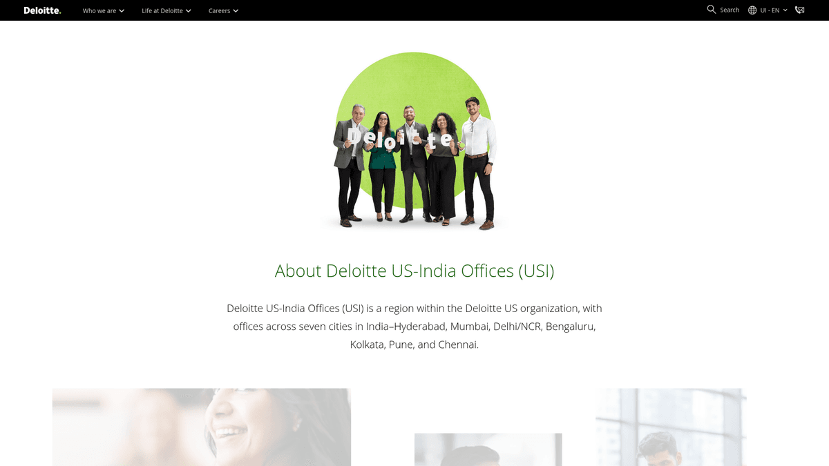 A screenshot of the Deloitte India landing page, a key point of comparison in the Deloitte India vs Deloitte USI debate.