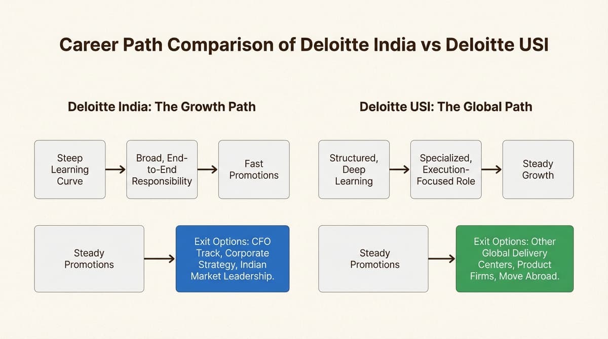 An infographic showing the typical career progression and exit opportunities when comparing Deloitte India vs Deloitte USI.