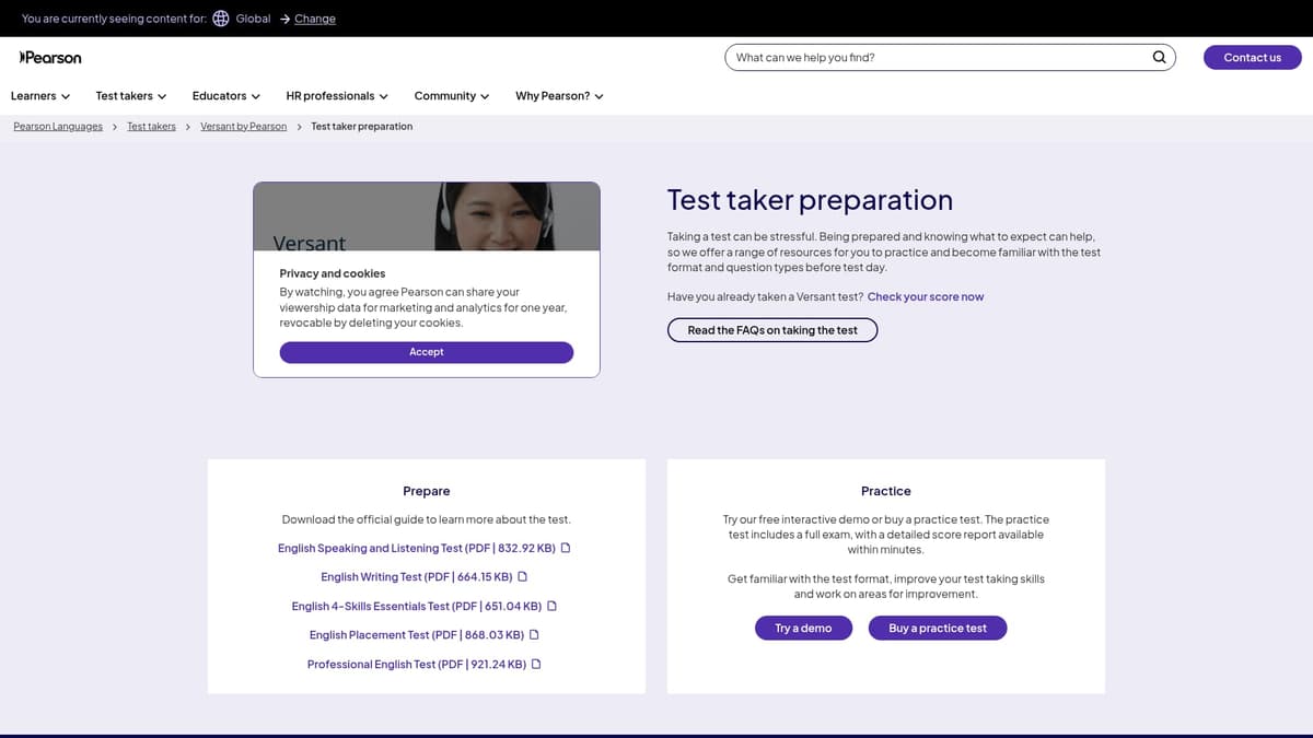 A screenshot of the official Pearson Versant test page