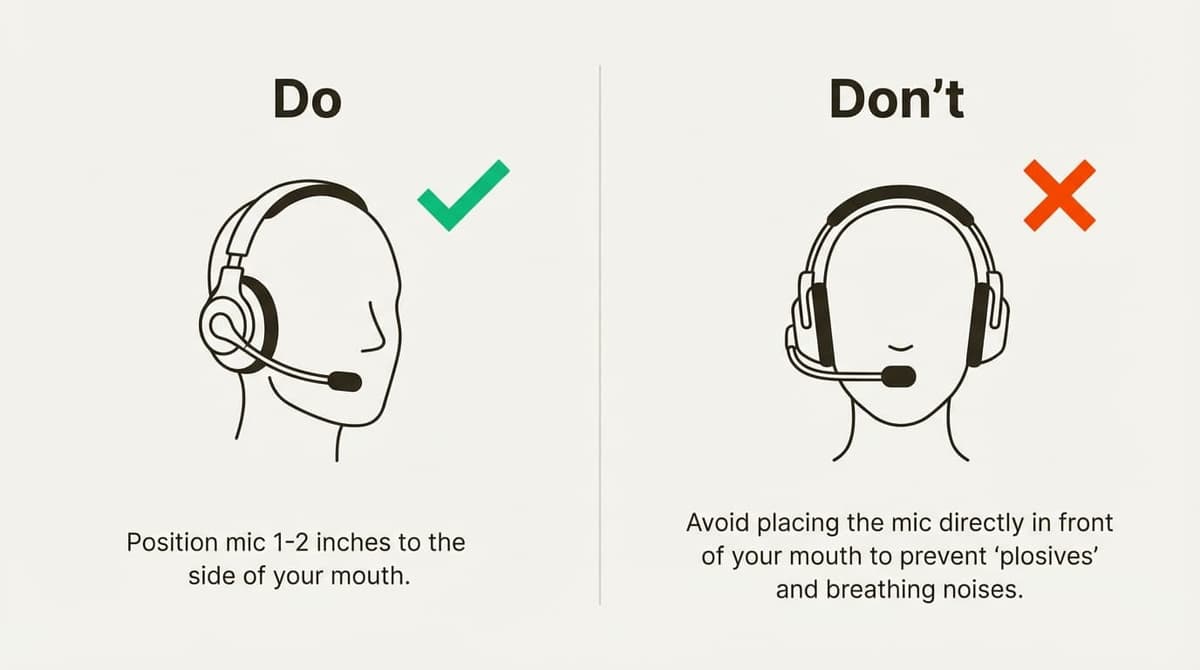 An infographic demonstrating correct and incorrect microphone placement