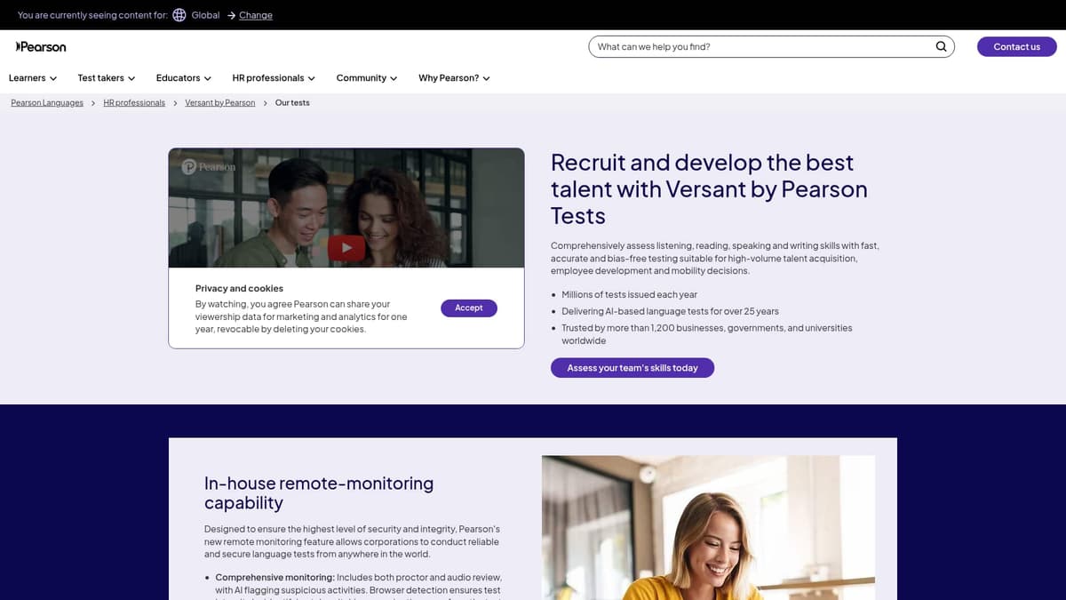 Pearson Versant landing page