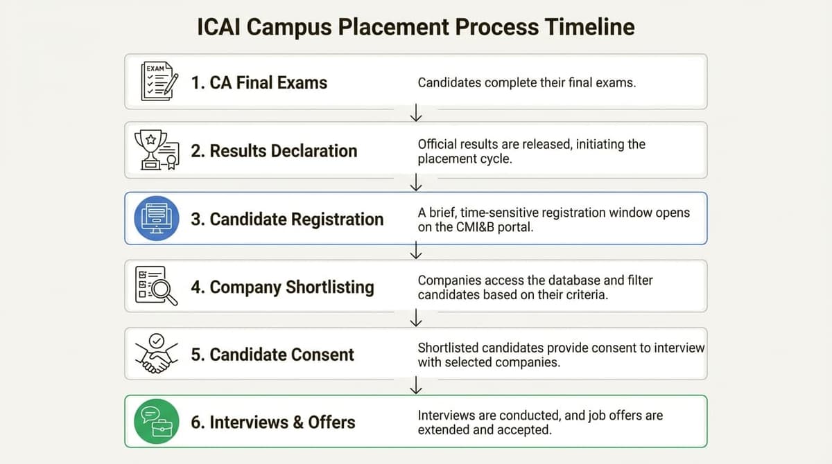 A workflow diagram showing the 6 stages of the ICAI Campus Placement 2026, from exams to interviews.