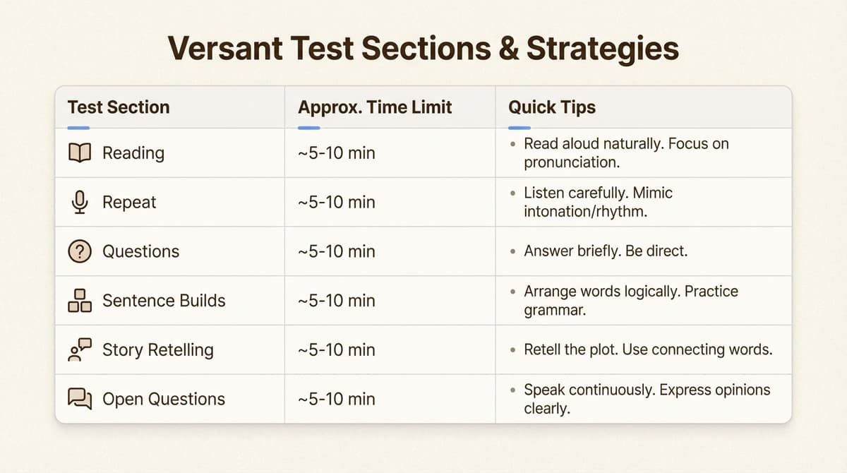 Six test sections with timing and strategy tips